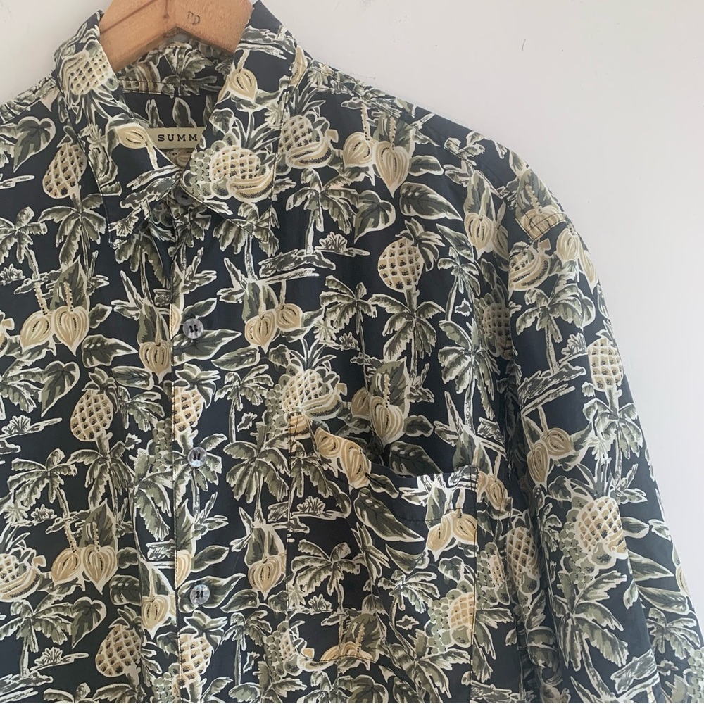 Summa Silk Hawaian Button Down Shirt Pineapple Print Black